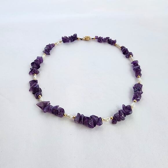 Handmade Artisan Necklace Genuine Amethyst, Pearl 14K Gold Filled February Stone - Picture 5 of 7